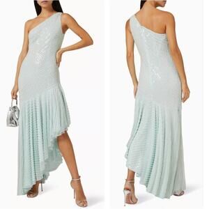Mac Duggal One Shoulder Asymmetrical Sequin Pearl Sea Foam Green Gown Size 12